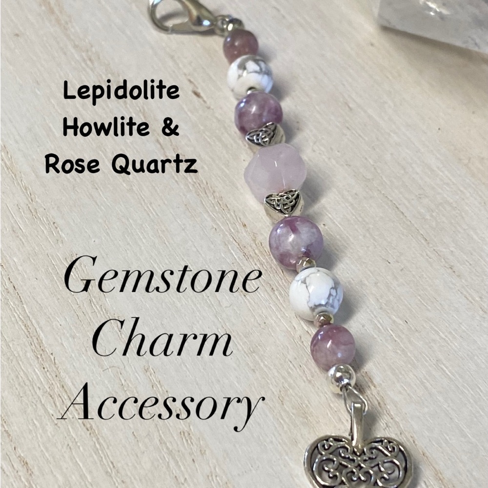 2/$30 Gemstone Heart Purse/Bag Charm - Lepidolite, Rose Quartz & Howlite